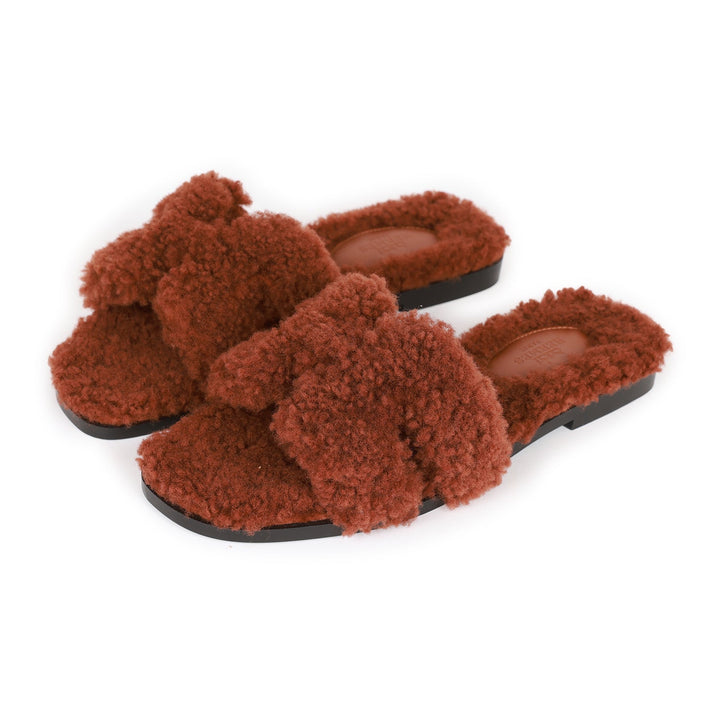 Top quality Hermes Oran Sandals Cognac Woolskin 36