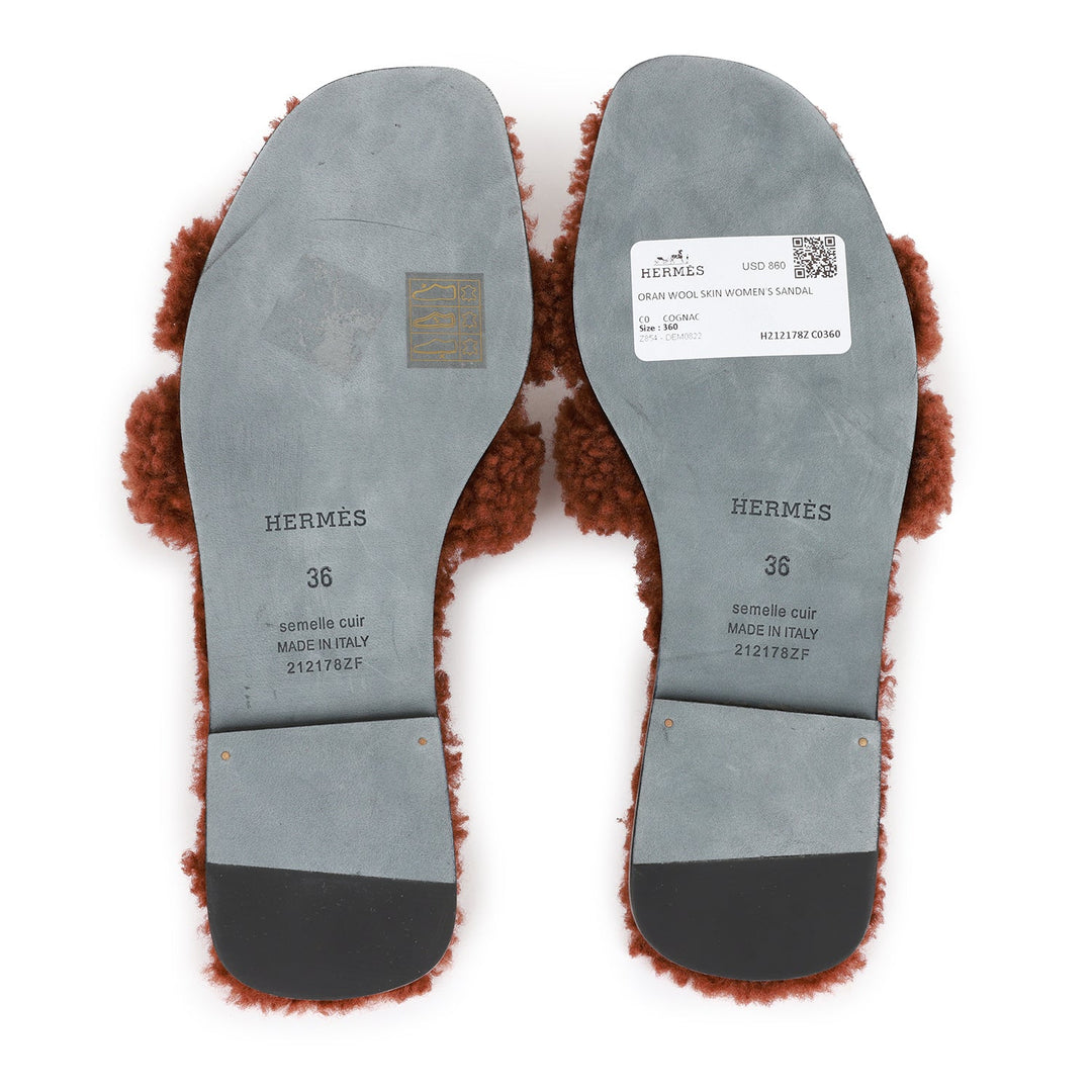 Top quality Hermes Oran Sandals Cognac Woolskin 36