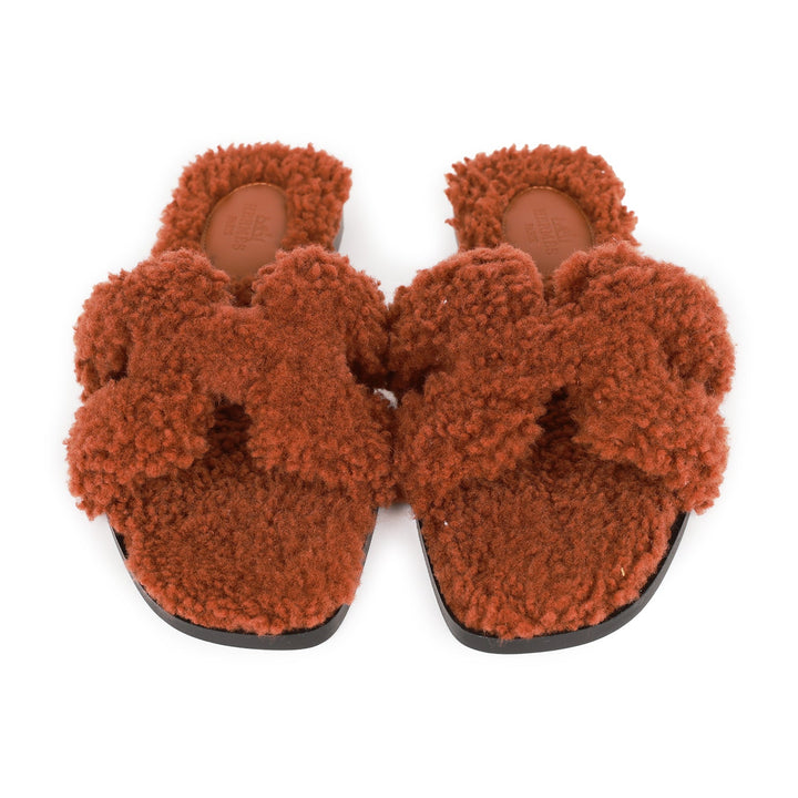 Top quality Hermes Oran Sandals Cognac Woolskin 36.5