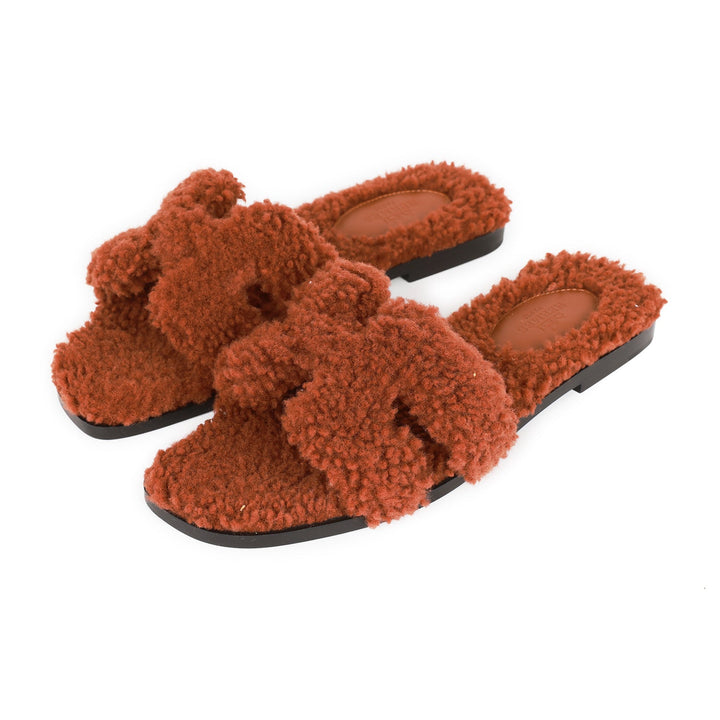 Top quality Hermes Oran Sandals Cognac Woolskin 36.5