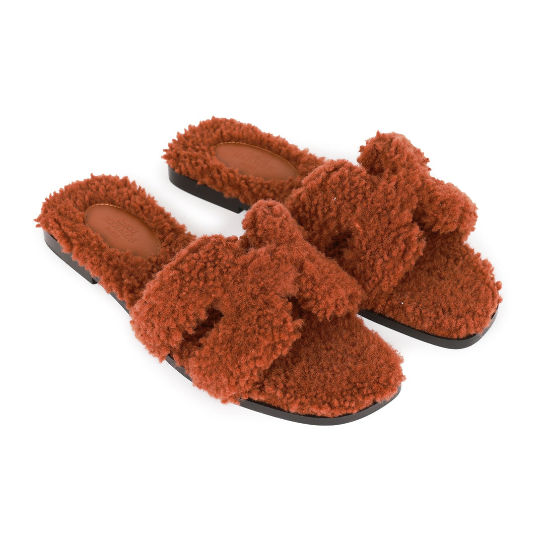 Top quality Hermes Oran Sandals Cognac Woolskin 36.5