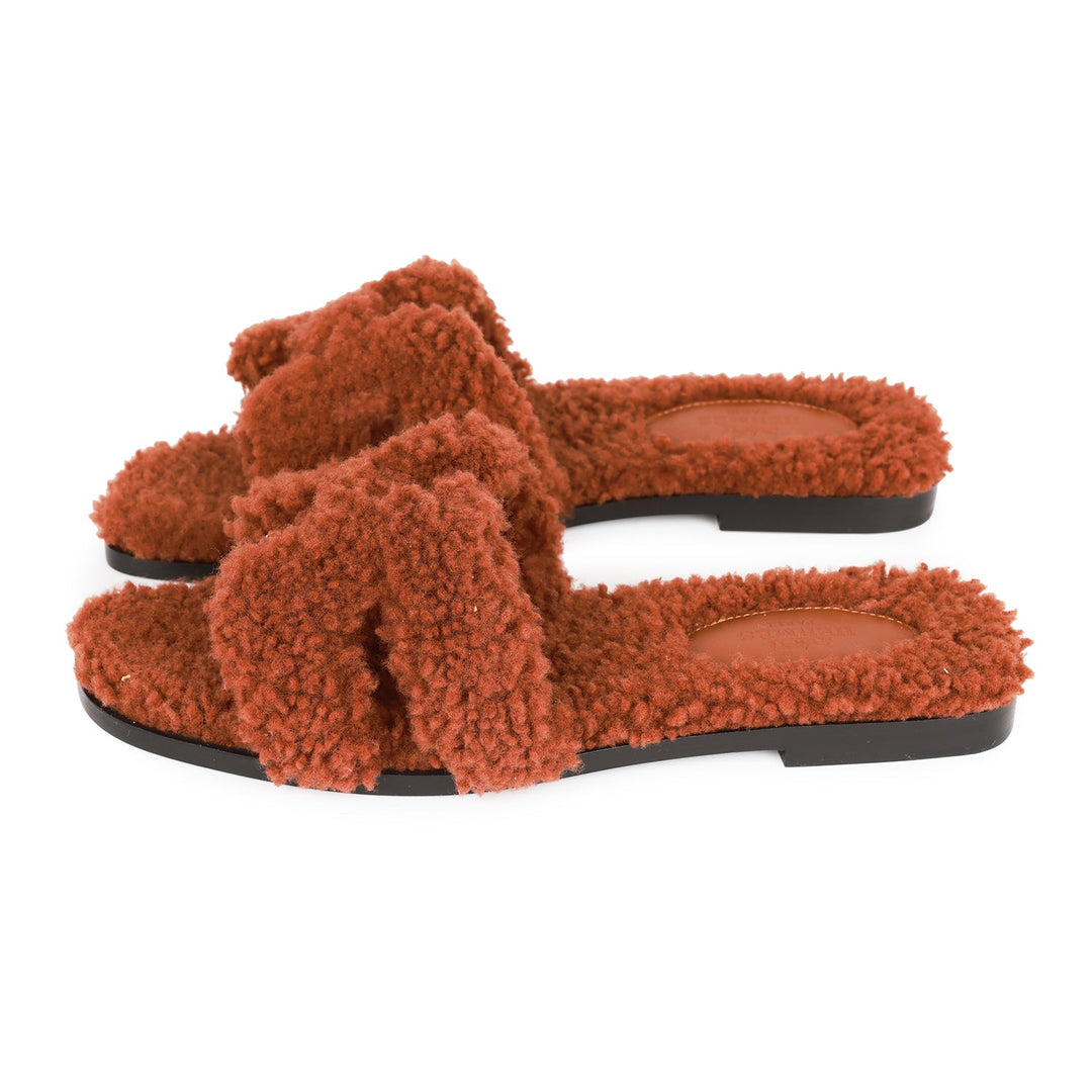 Top quality Hermes Oran Sandals Cognac Woolskin 36.5