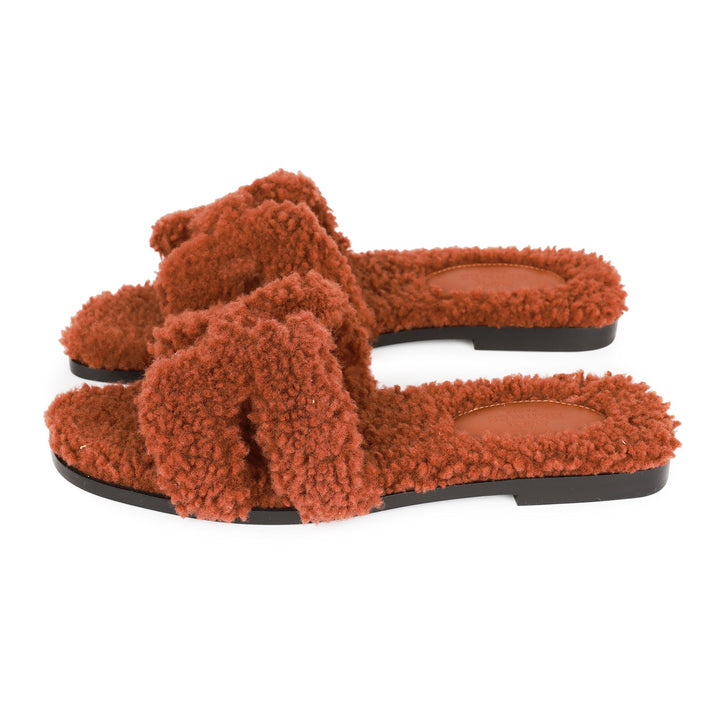 Top quality Hermes Oran Sandals Cognac Woolskin 36.5