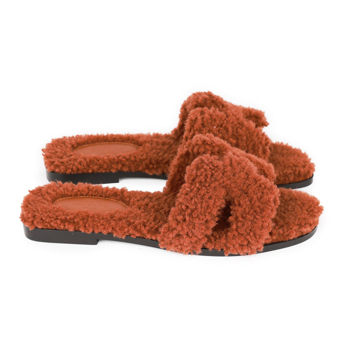 Top quality Hermes Oran Sandals Cognac Woolskin 36.5