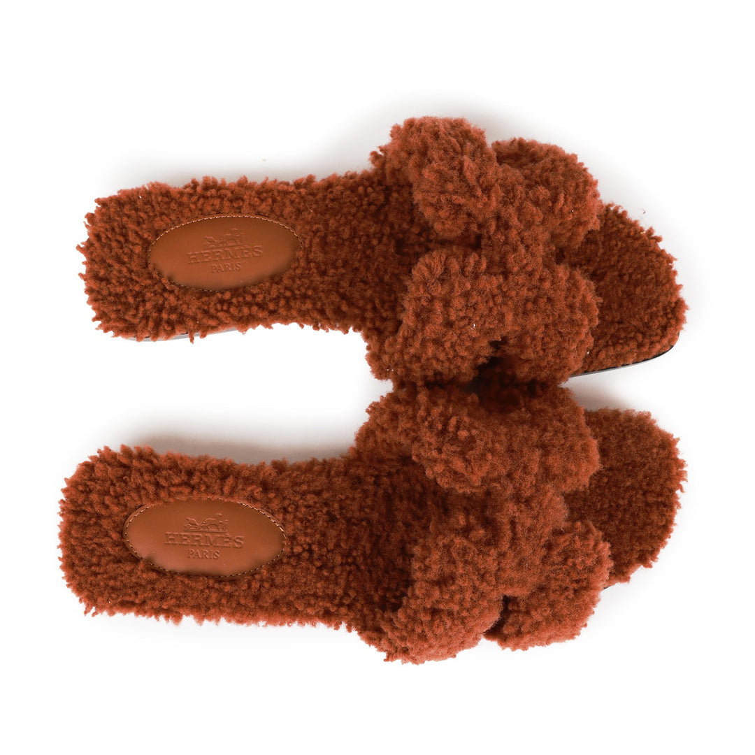 Top quality Hermes Oran Sandals Cognac Woolskin 36.5