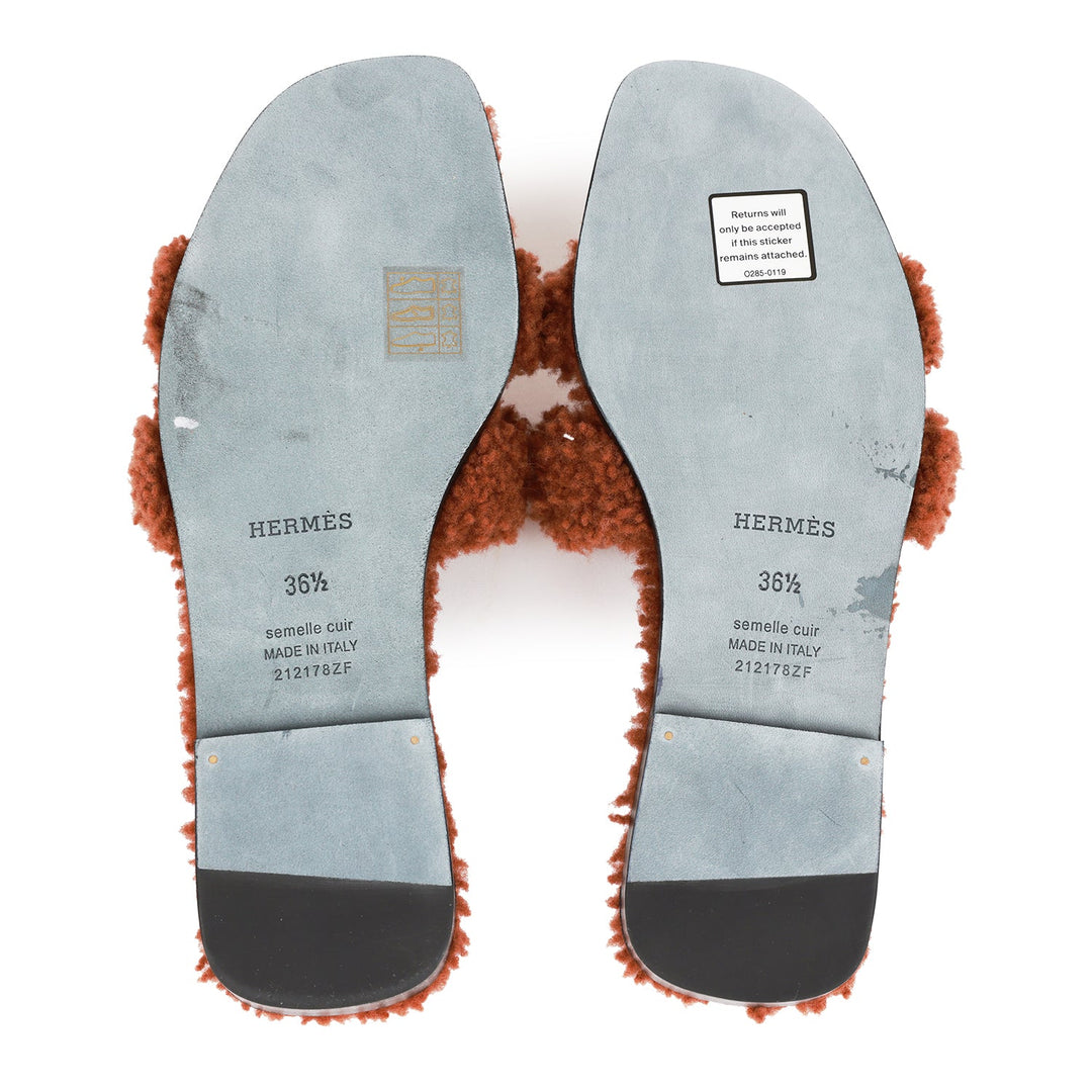 Top quality Hermes Oran Sandals Cognac Woolskin 36.5