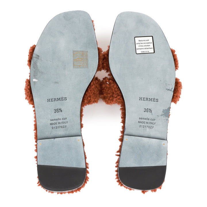 Top quality Hermes Oran Sandals Cognac Woolskin 36.5