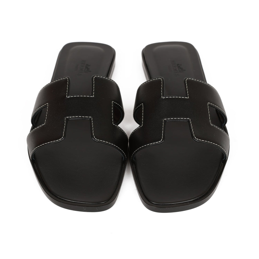 Top quality Hermes Oran Sandals Black Box Calfskin 38