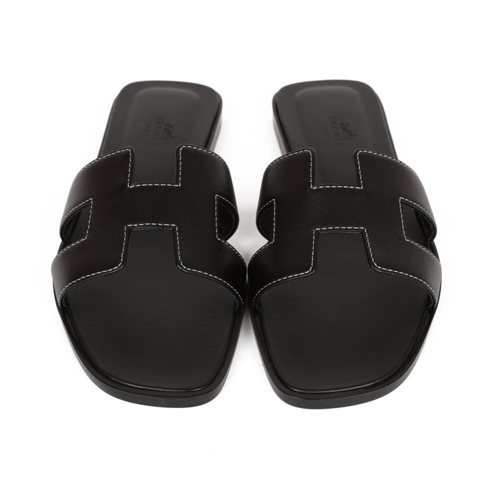 Top quality Hermes Oran Sandals Black Box Calfskin 38