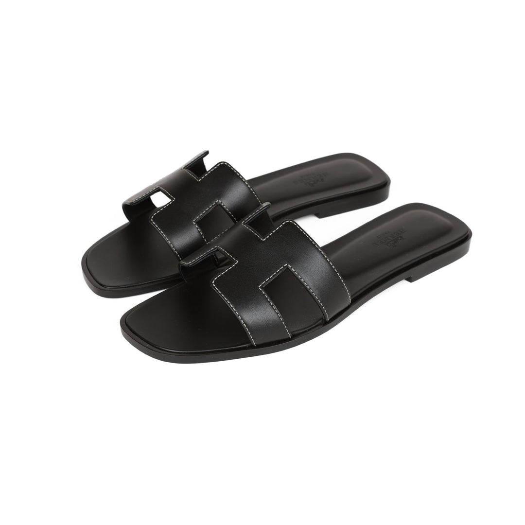 Top quality Hermes Oran Sandals Black Box Calfskin 38