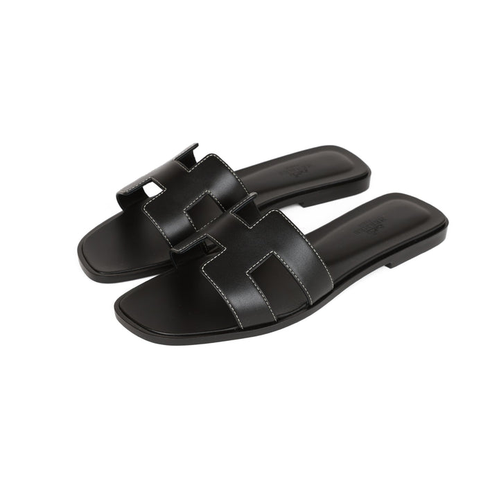 Top quality Hermes Oran Sandals Black Box Calfskin 38