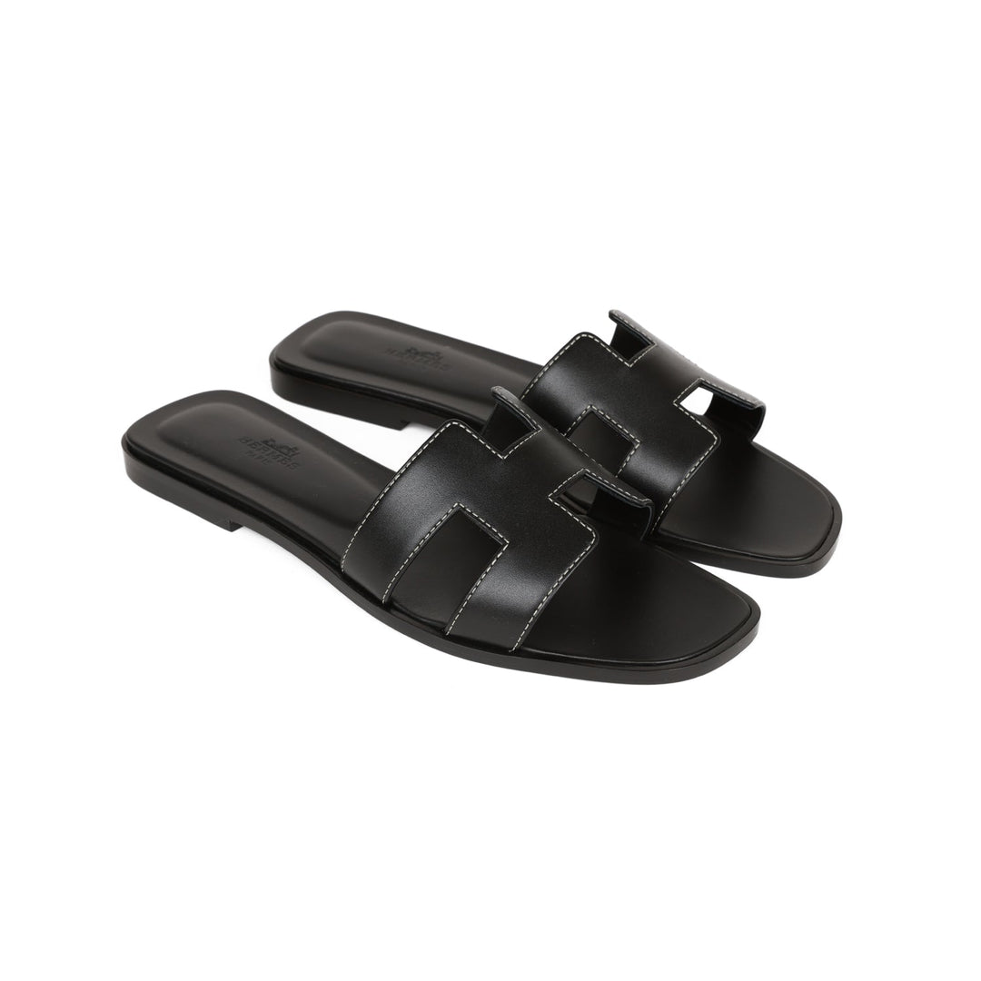 Top quality Hermes Oran Sandals Black Box Calfskin 38