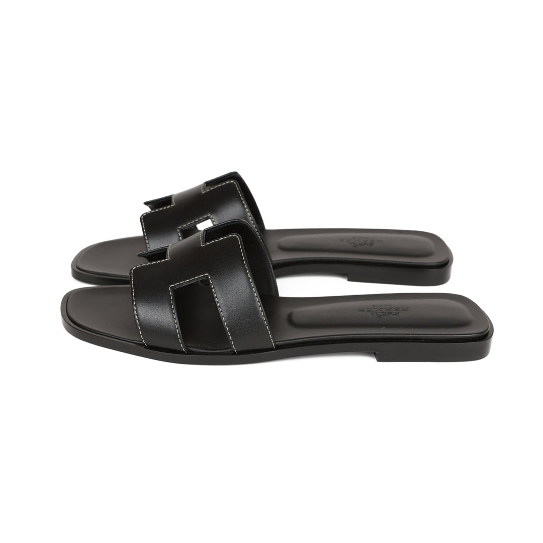 Top quality Hermes Oran Sandals Black Box Calfskin 38