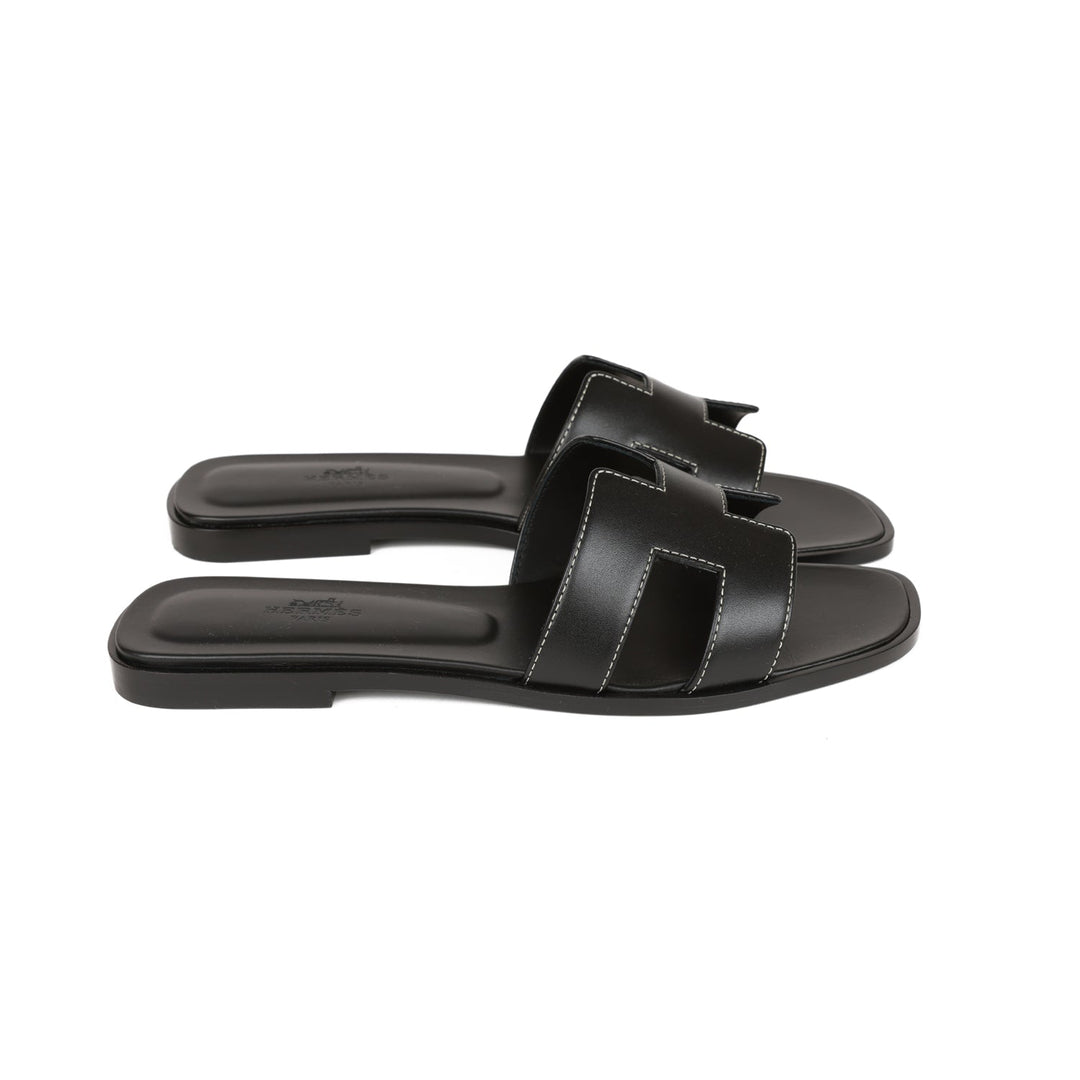 Top quality Hermes Oran Sandals Black Box Calfskin 38