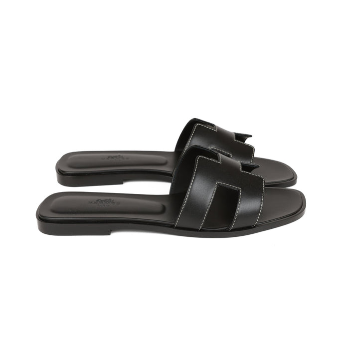 Top quality Hermes Oran Sandals Black Box Calfskin 38
