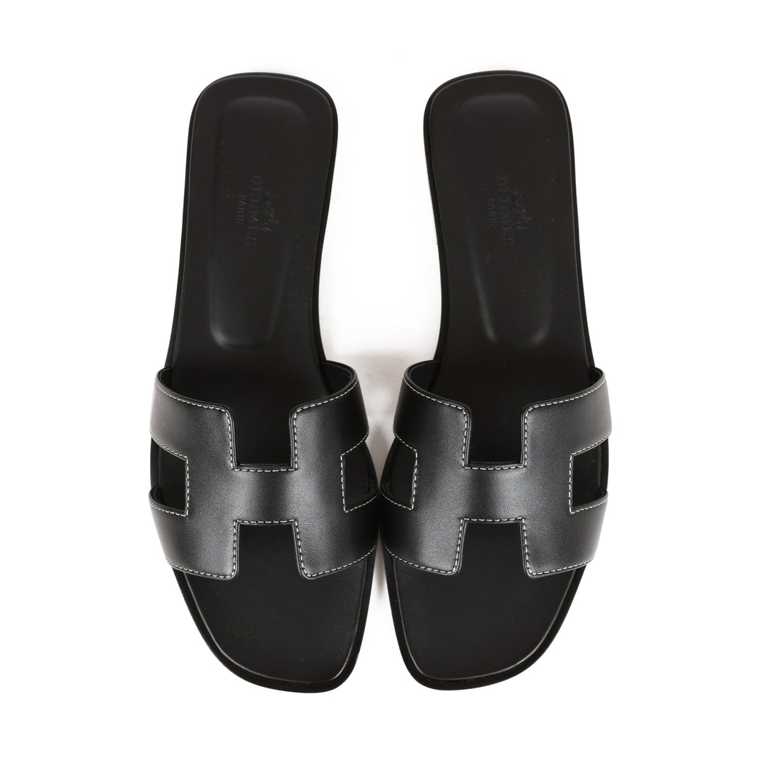 Top quality Hermes Oran Sandals Black Box Calfskin 38