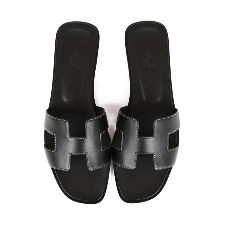 Top quality Hermes Oran Sandals Black Box Calfskin 38