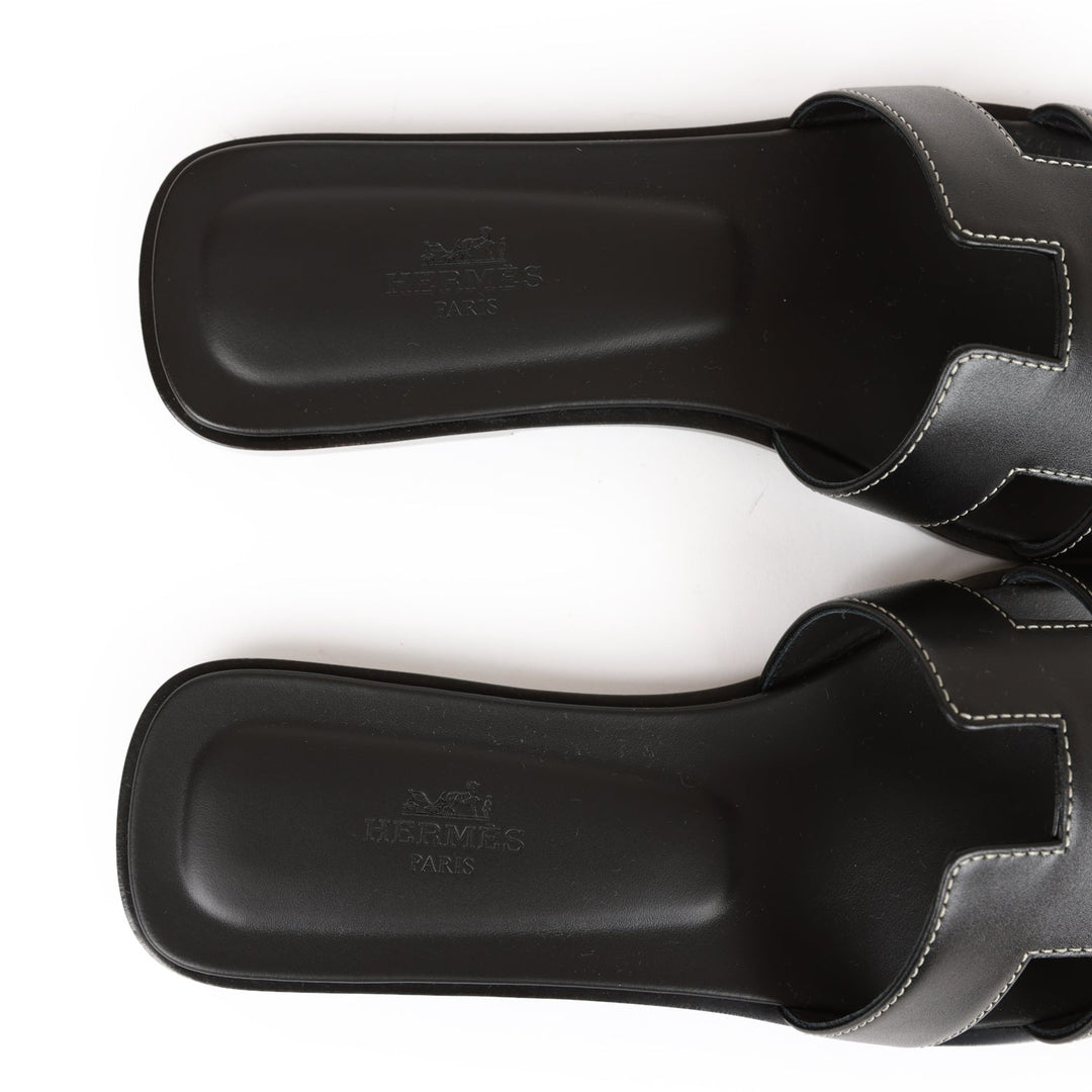 Top quality Hermes Oran Sandals Black Box Calfskin 38