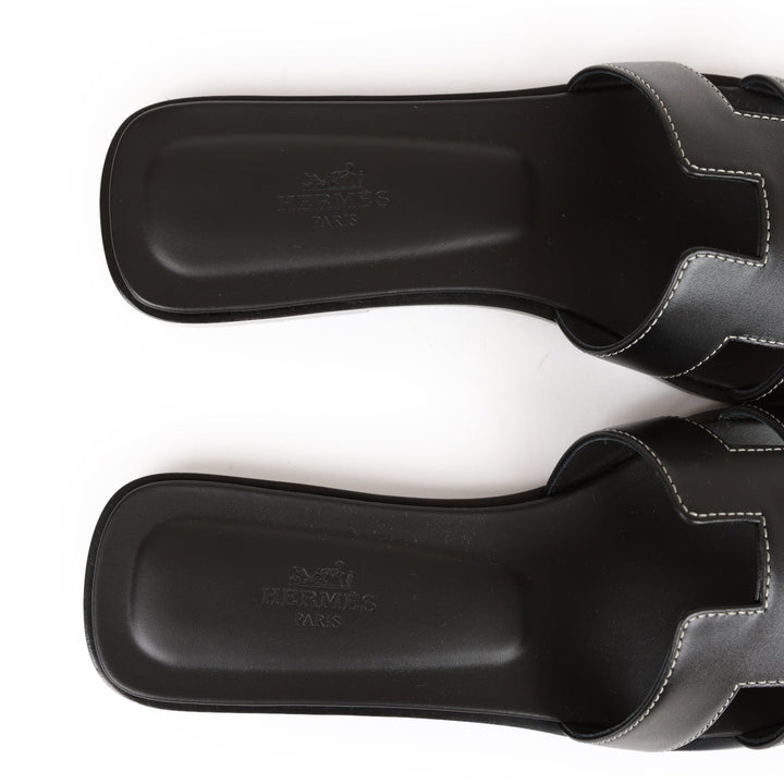 Top quality Hermes Oran Sandals Black Box Calfskin 38