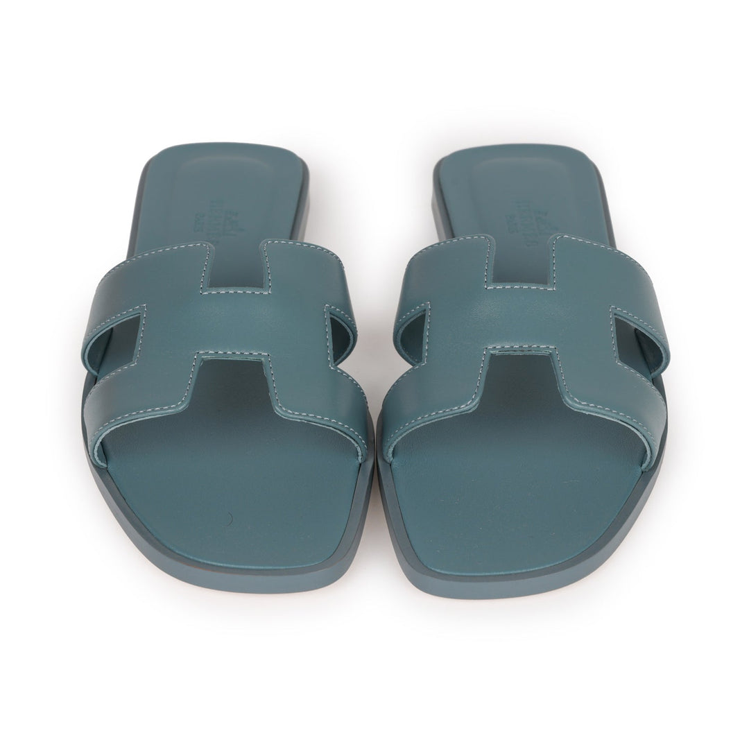 Top quality Hermes Oran Sandals Bleu Pinede Box Calfskin 38