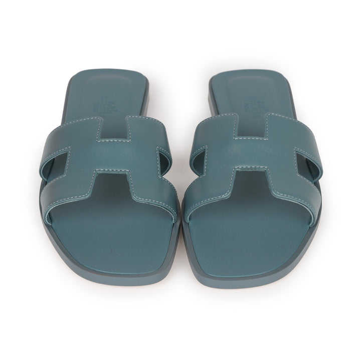 Top quality Hermes Oran Sandals Bleu Pinede Box Calfskin 38