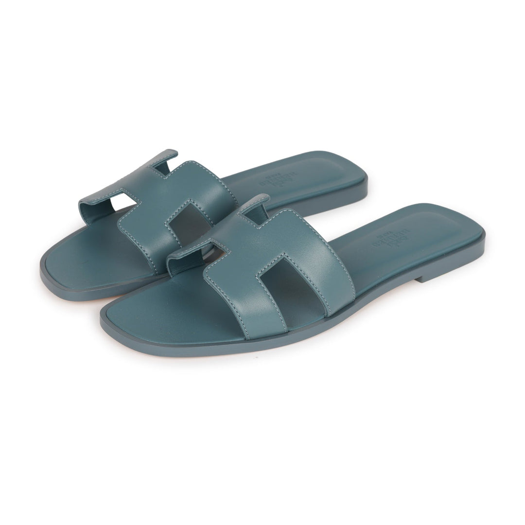 Top quality Hermes Oran Sandals Bleu Pinede Box Calfskin 38
