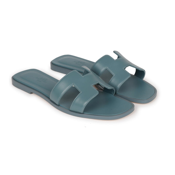 Top quality Hermes Oran Sandals Bleu Pinede Box Calfskin 38