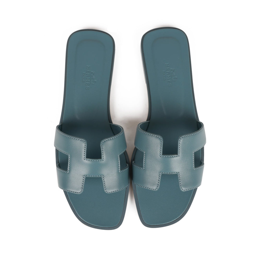 Top quality Hermes Oran Sandals Bleu Pinede Box Calfskin 38
