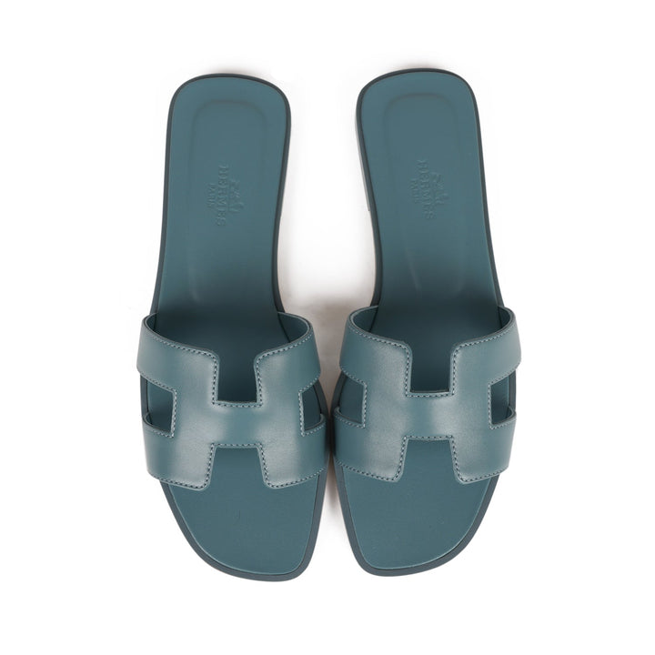 Top quality Hermes Oran Sandals Bleu Pinede Box Calfskin 38