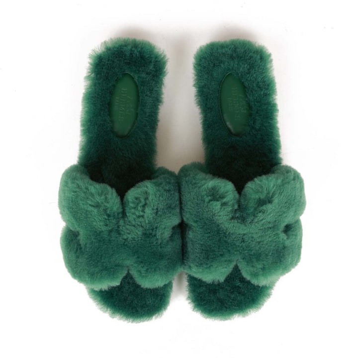 Top quality Hermes Oran Sandals Vert Anglais Shearling 37