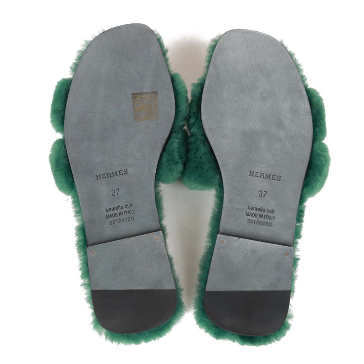Top quality Hermes Oran Sandals Vert Anglais Shearling 37