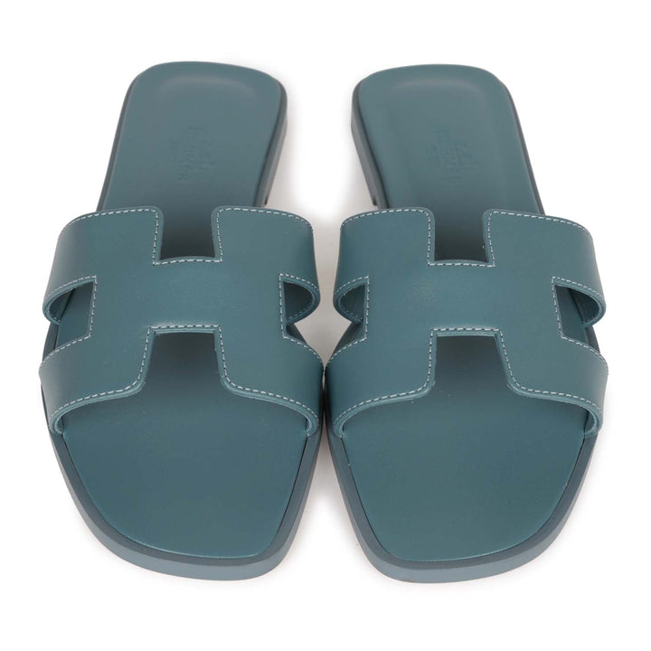 Top quality Hermes Oran Sandals Bleu Pinede Calfskin 37