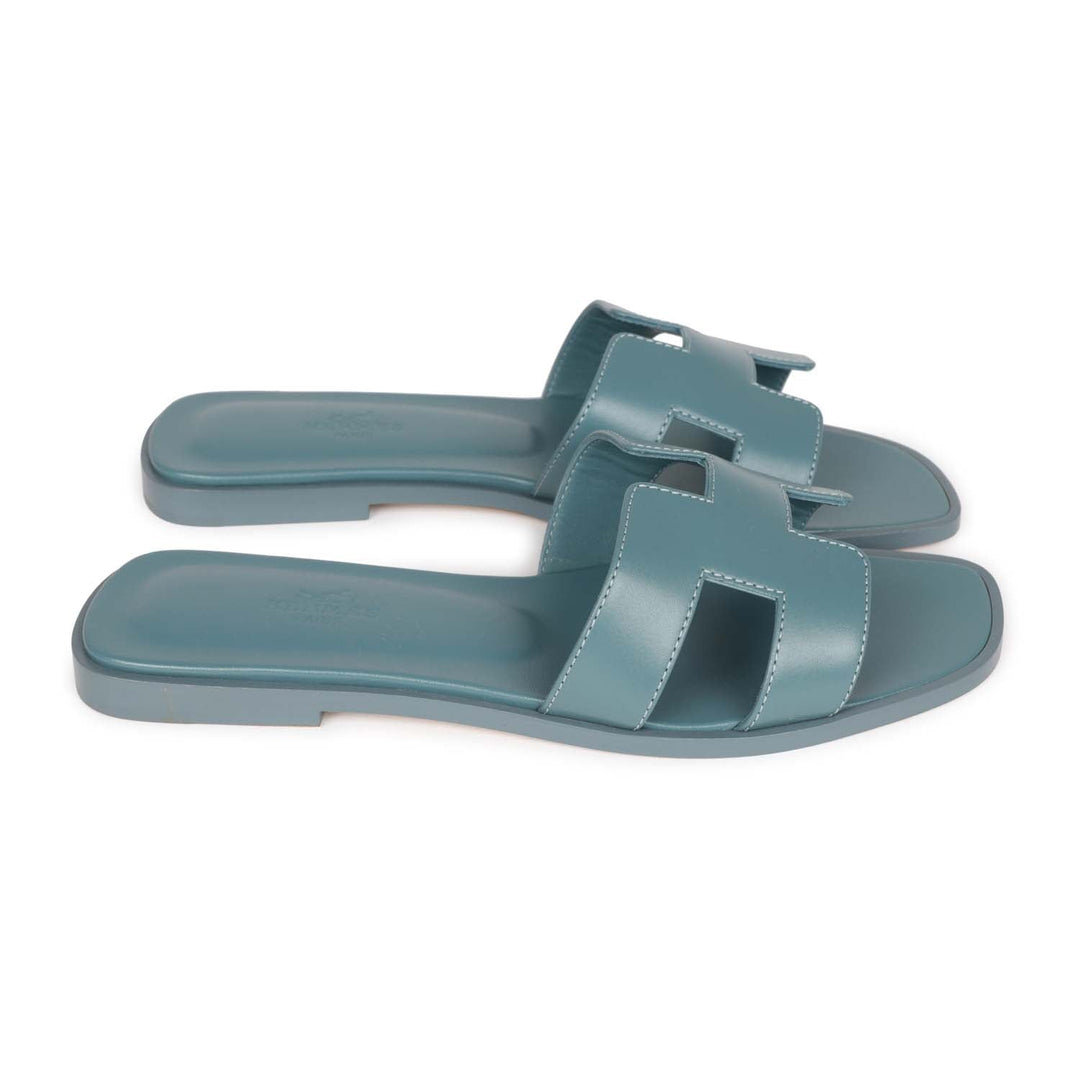 Top quality Hermes Oran Sandals Bleu Pinede Calfskin 37
