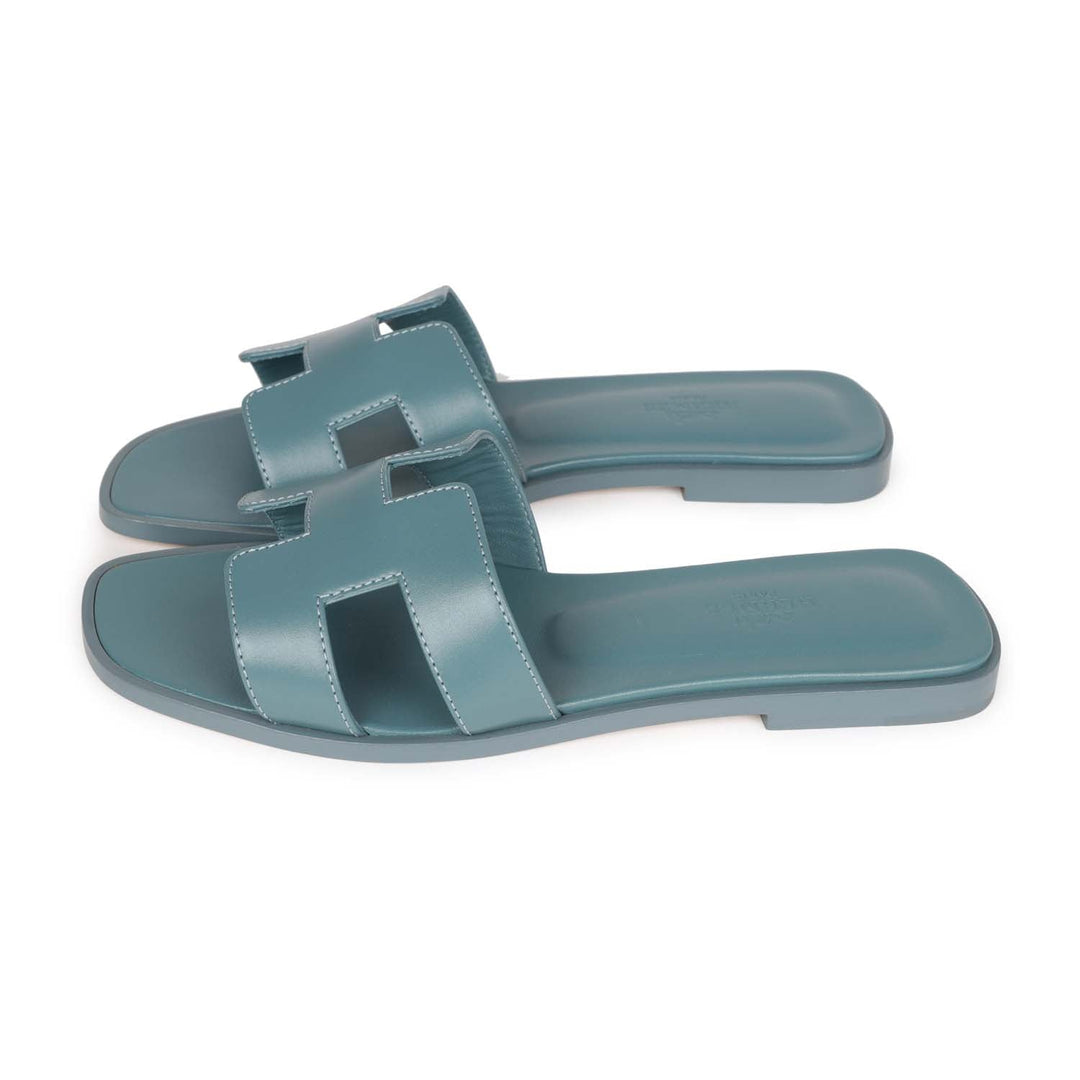 Top quality Hermes Oran Sandals Bleu Pinede Calfskin 37