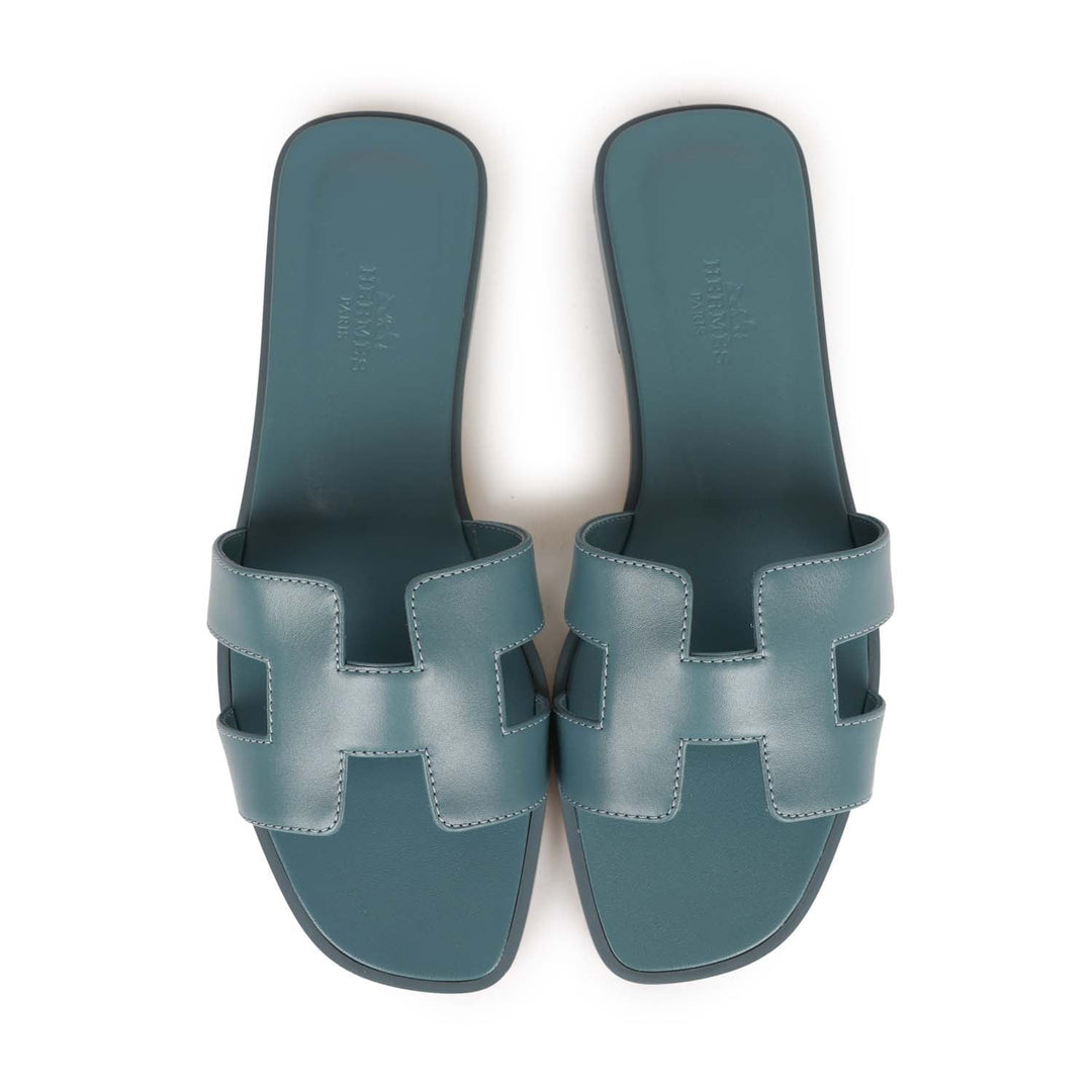 Top quality Hermes Oran Sandals Bleu Pinede Calfskin 37