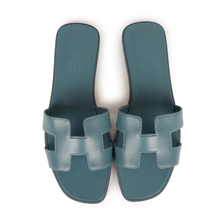 Top quality Hermes Oran Sandals Bleu Pinede Calfskin 37
