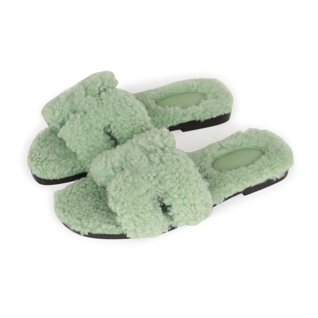 Top quality Hermes Oran Sandals Vert D'eau Woolskin 35
