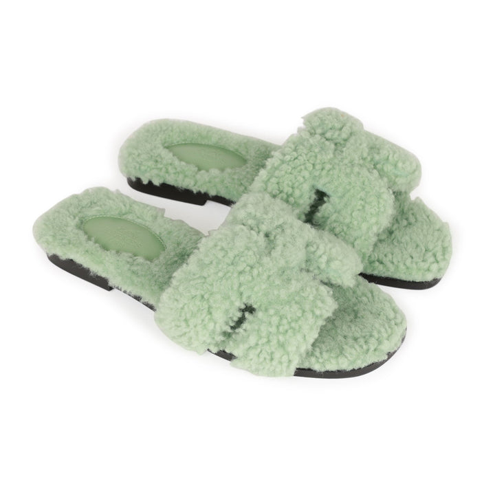 Top quality Hermes Oran Sandals Vert D'eau Woolskin 35