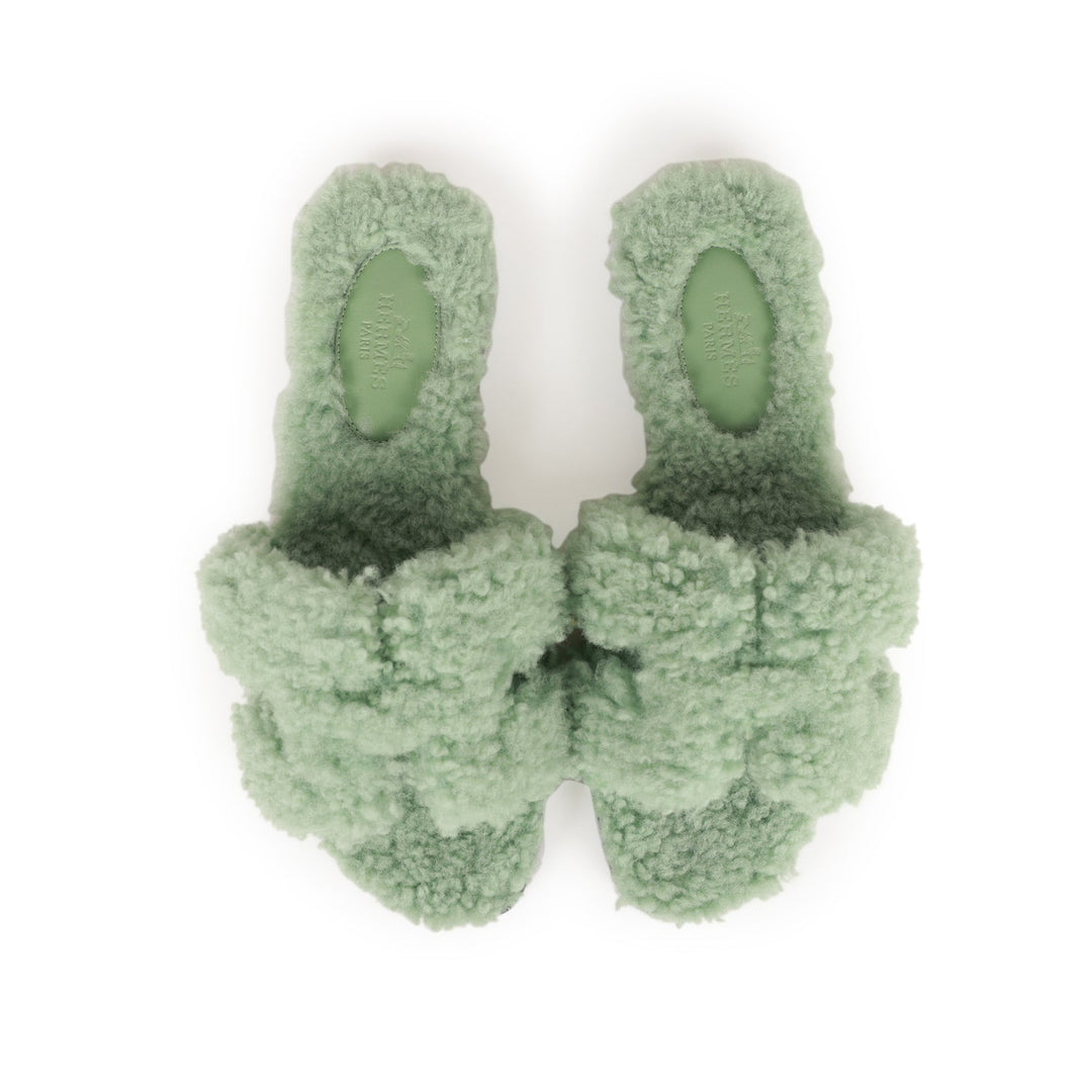 Top quality Hermes Oran Sandals Vert D'eau Woolskin 35