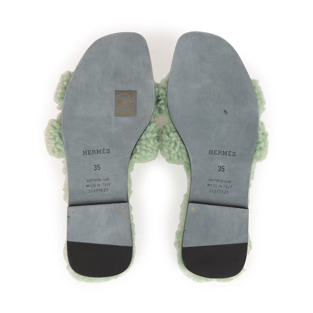 Top quality Hermes Oran Sandals Vert D'eau Woolskin 35