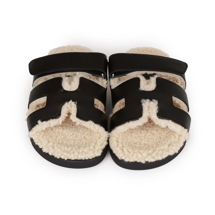 Top quality Hermes Chypre Sandals Black and Ecru Shearling 38