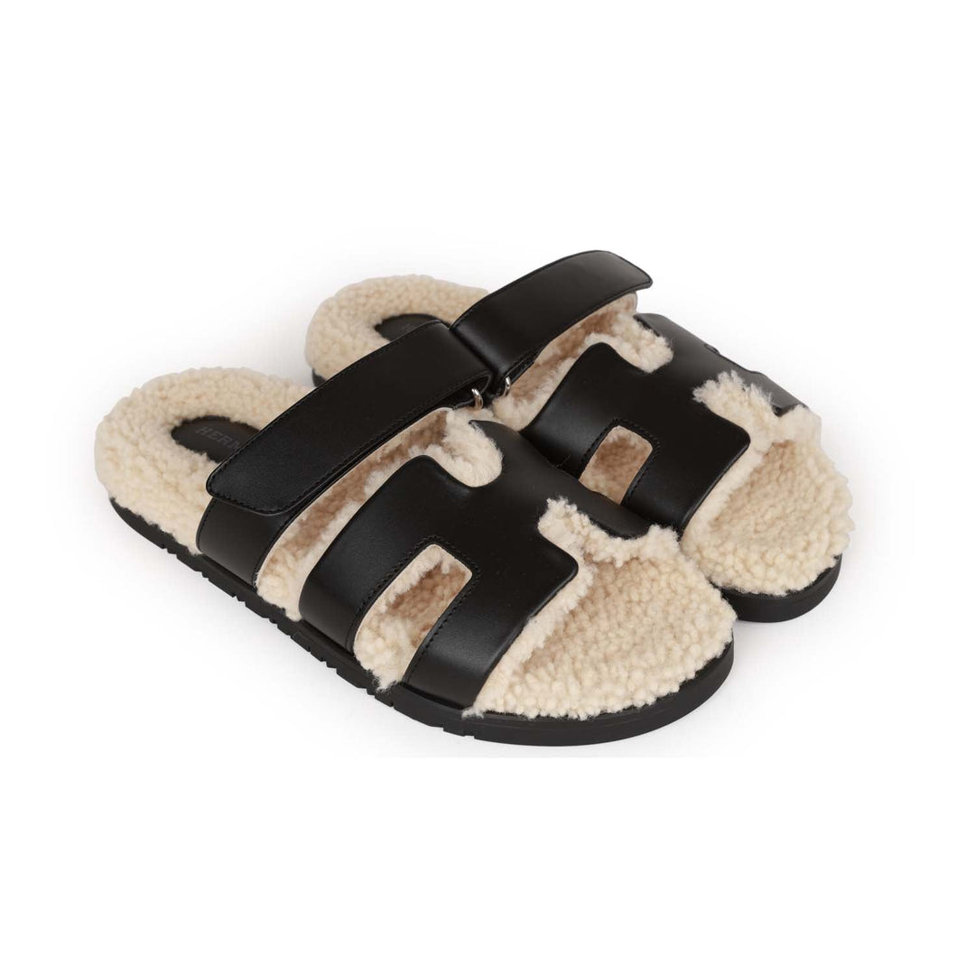Top quality Hermes Chypre Sandals Black and Ecru Shearling 38