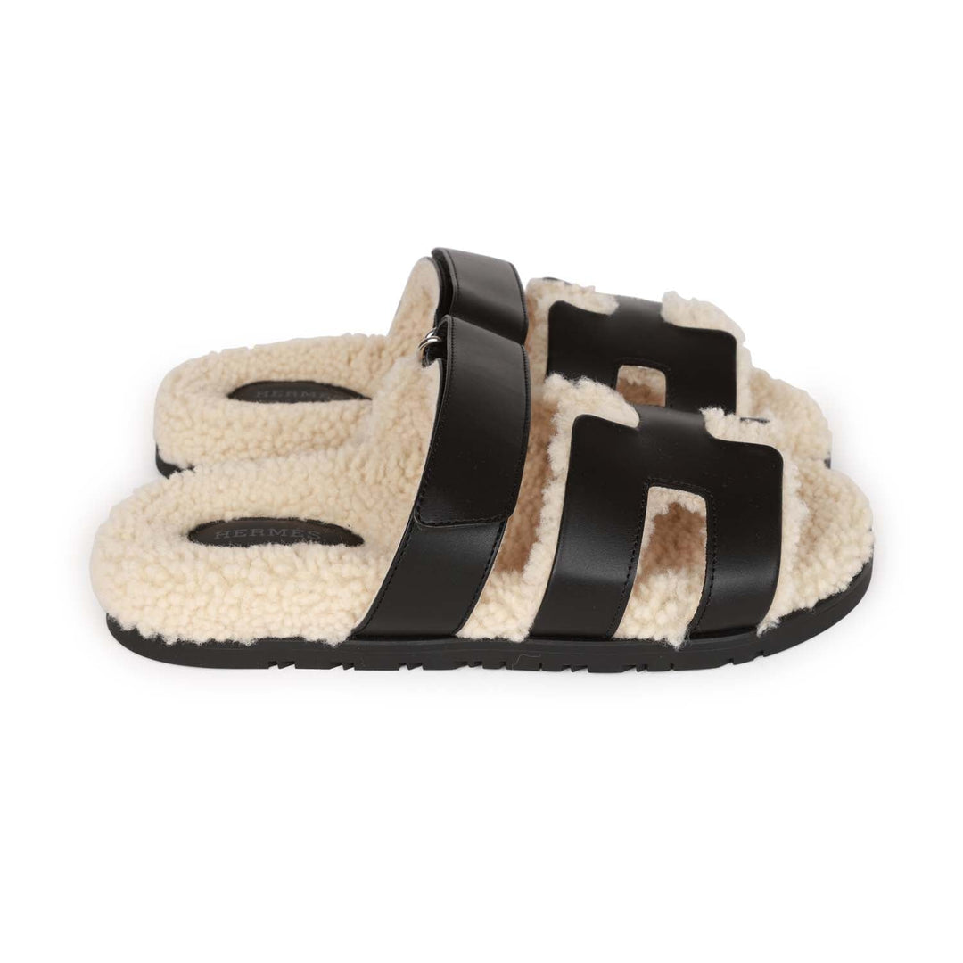 Top quality Hermes Chypre Sandals Black and Ecru Shearling 38