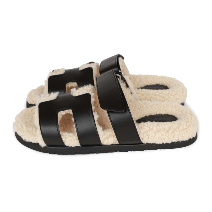 Top quality Hermes Chypre Sandals Black and Ecru Shearling 38