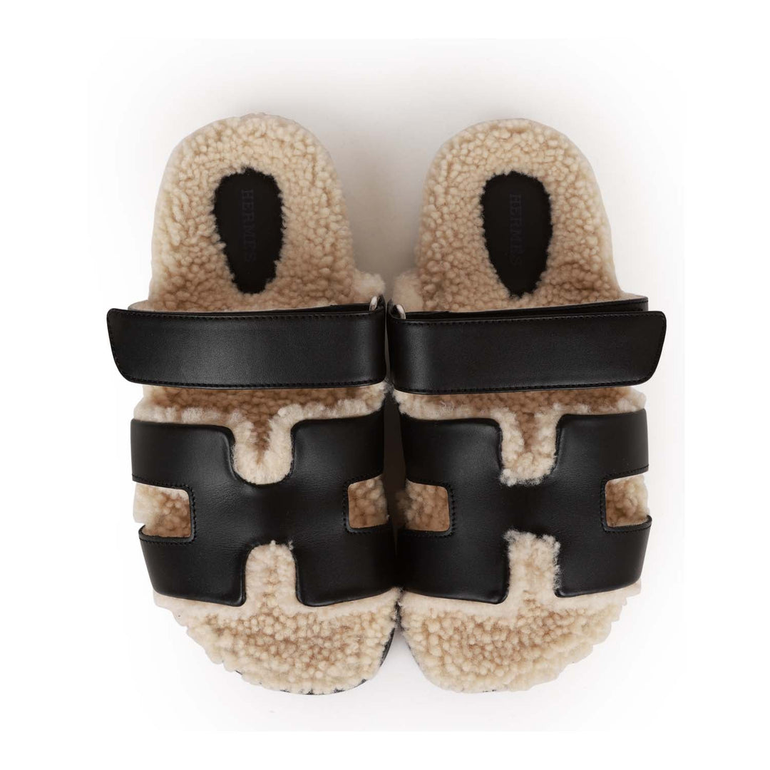 Top quality Hermes Chypre Sandals Black and Ecru Shearling 38