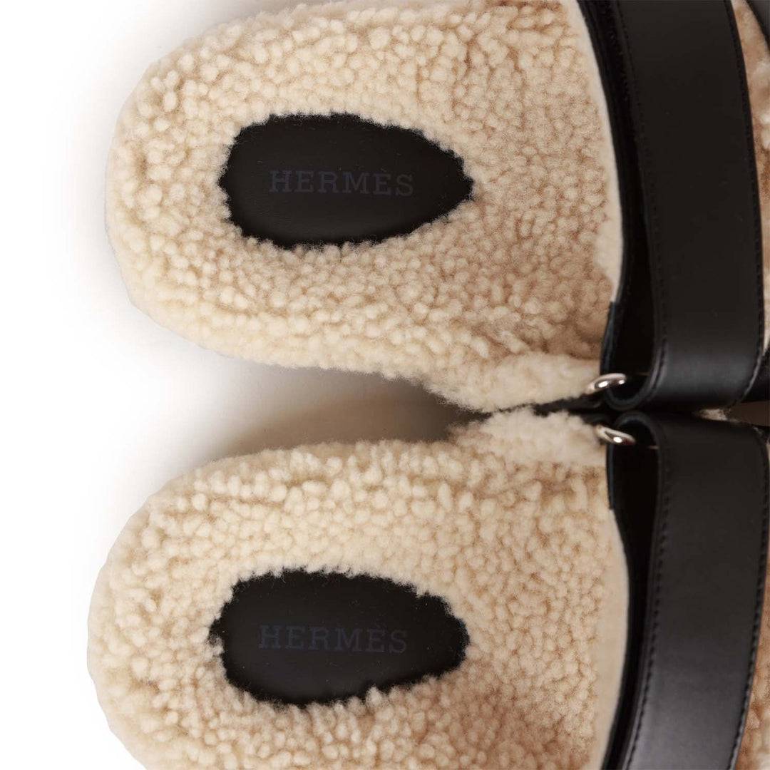 Top quality Hermes Chypre Sandals Black and Ecru Shearling 38