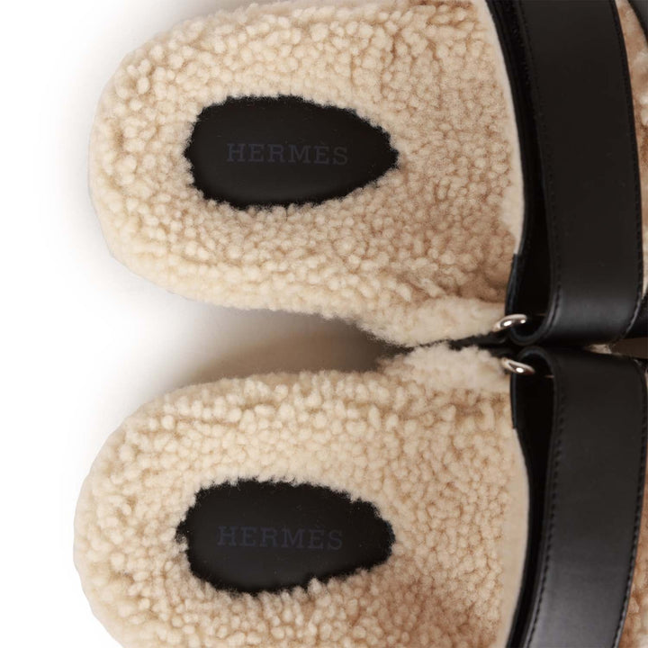 Top quality Hermes Chypre Sandals Black and Ecru Shearling 38