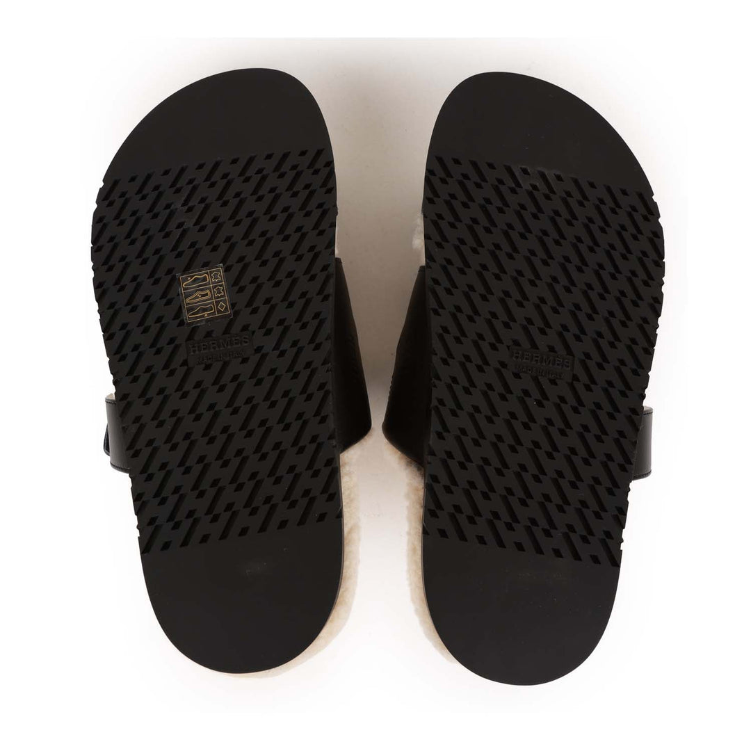 Top quality Hermes Chypre Sandals Black and Ecru Shearling 38