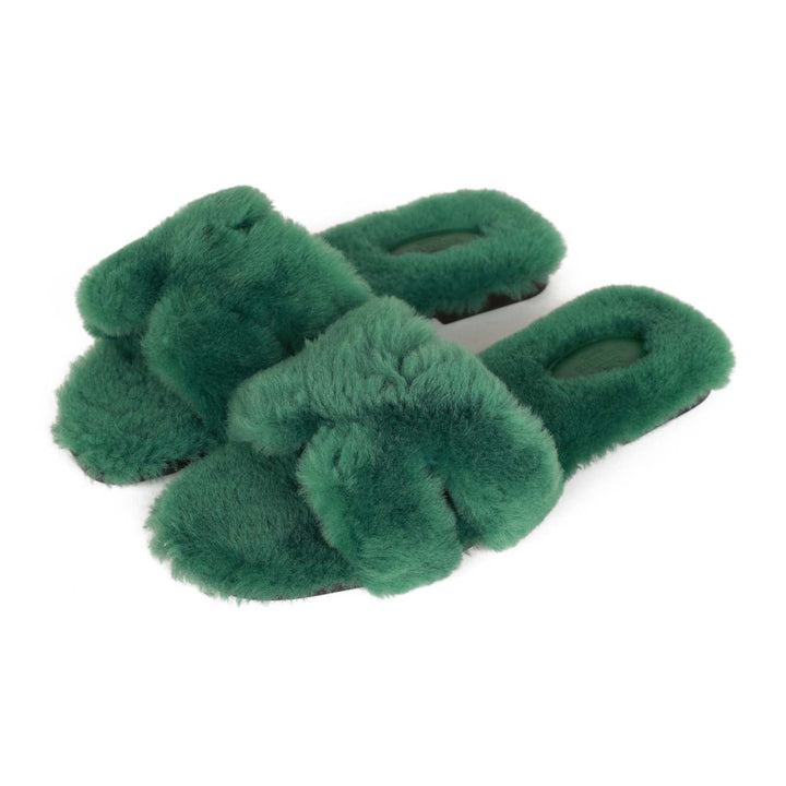 Top quality Hermes Oran Sandals Vert Anglais Woolskin 38.5
