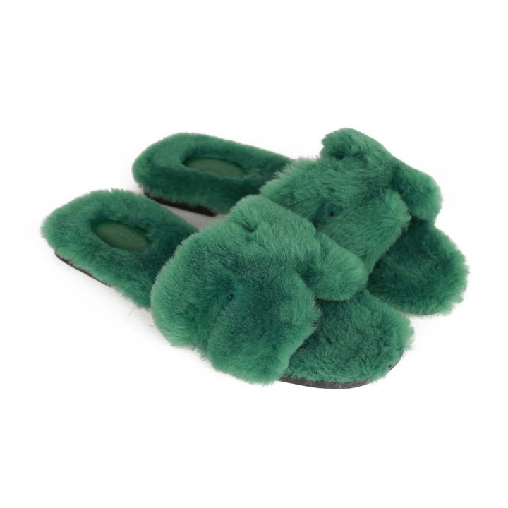 Top quality Hermes Oran Sandals Vert Anglais Woolskin 38.5